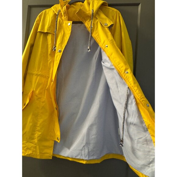 Yellow Hooded Rain Jacket With Drawstring & Snap Closures Size S Striped Lining - Picture 7 of 8